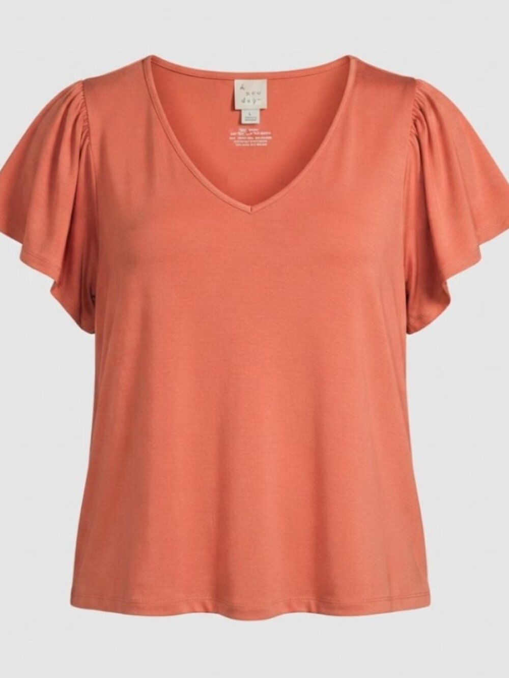 A New Day Coral Flutter Sleeve V-Neck Top Size L New